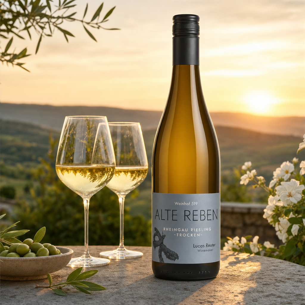 Weinhof 519 Riesling Trocken 2024 – Terrasse ved solnedgang