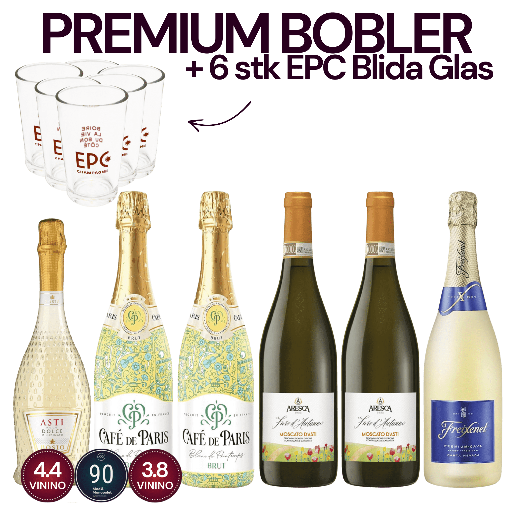 Den Sidste Flaske Mousserende Smagekasse Premium Bobler + 6 stk EPC Blida Glas